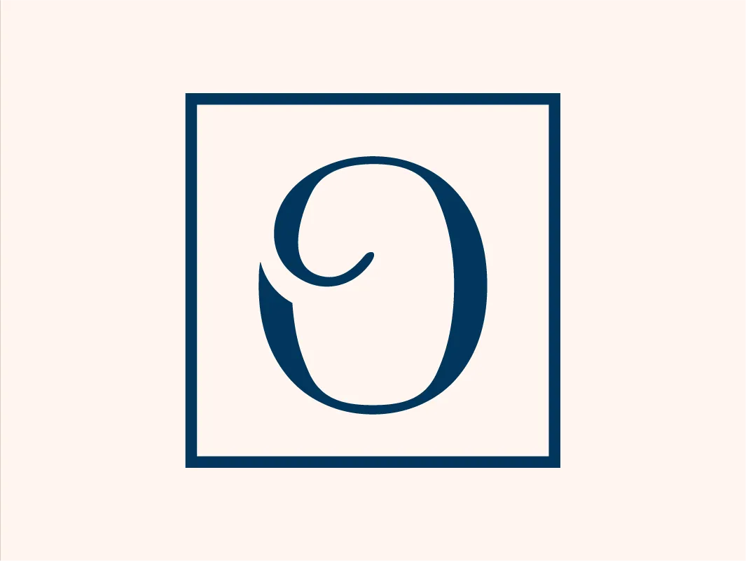 Minimalist brand mark for Ophelia luxury jewelry, featuring the custom 'O' icon in navy blue within a square border on a light cream background.