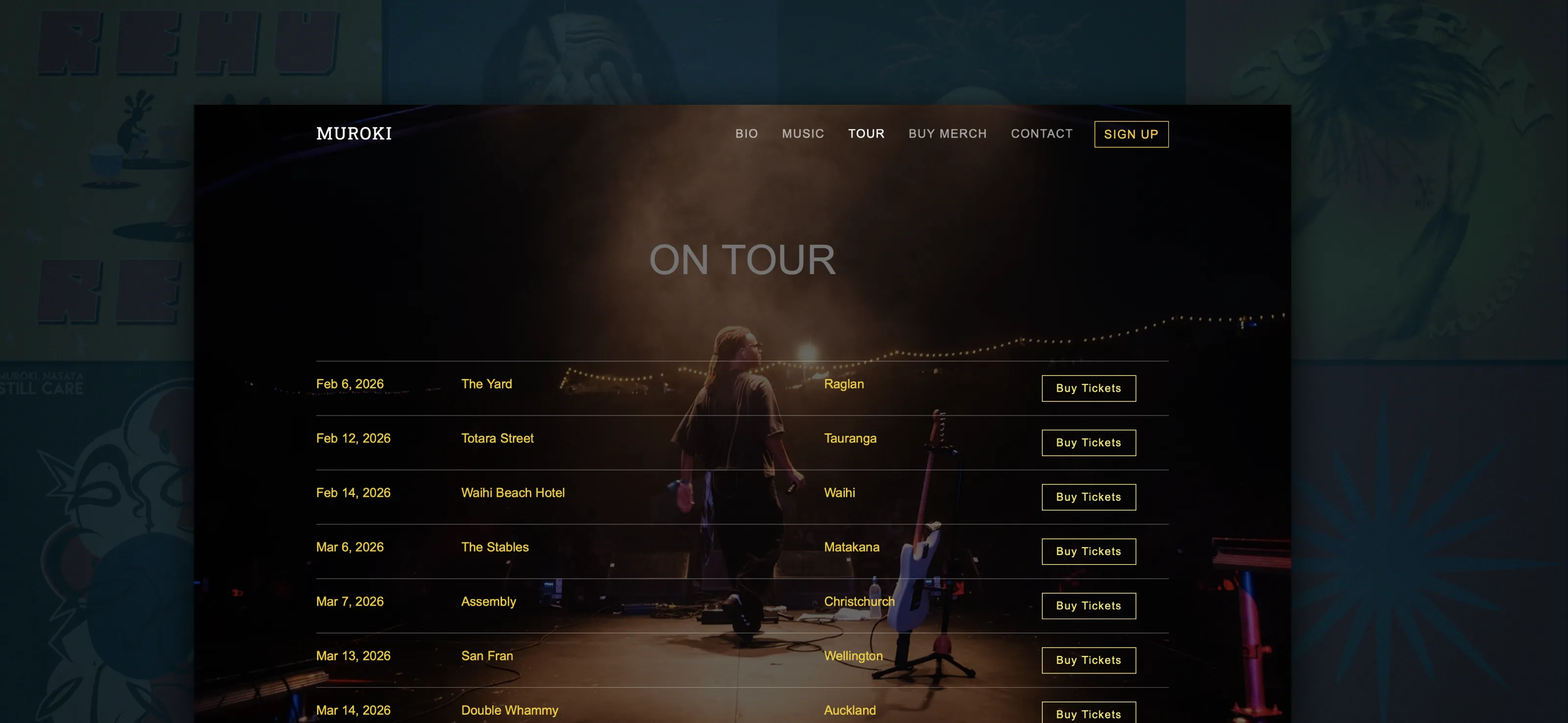 Website design with custom CMS of concert tour schedule listing dates, venues, and locations for Muroki's 2026 shows with buy tickets buttons.