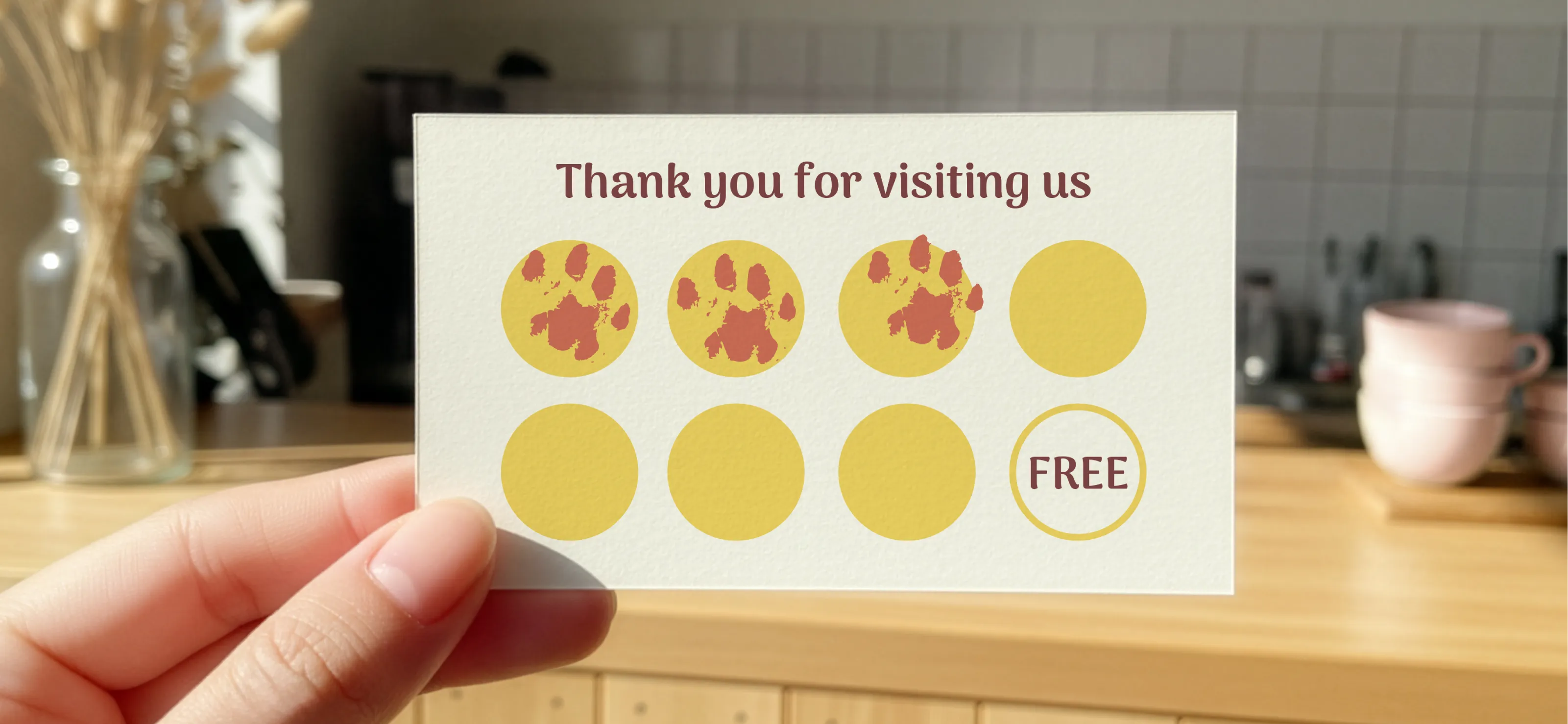 Print design for a Sip & Purr cat café loyalty card, featuring paw print stamps and a friendly tone to foster community and customer connection.