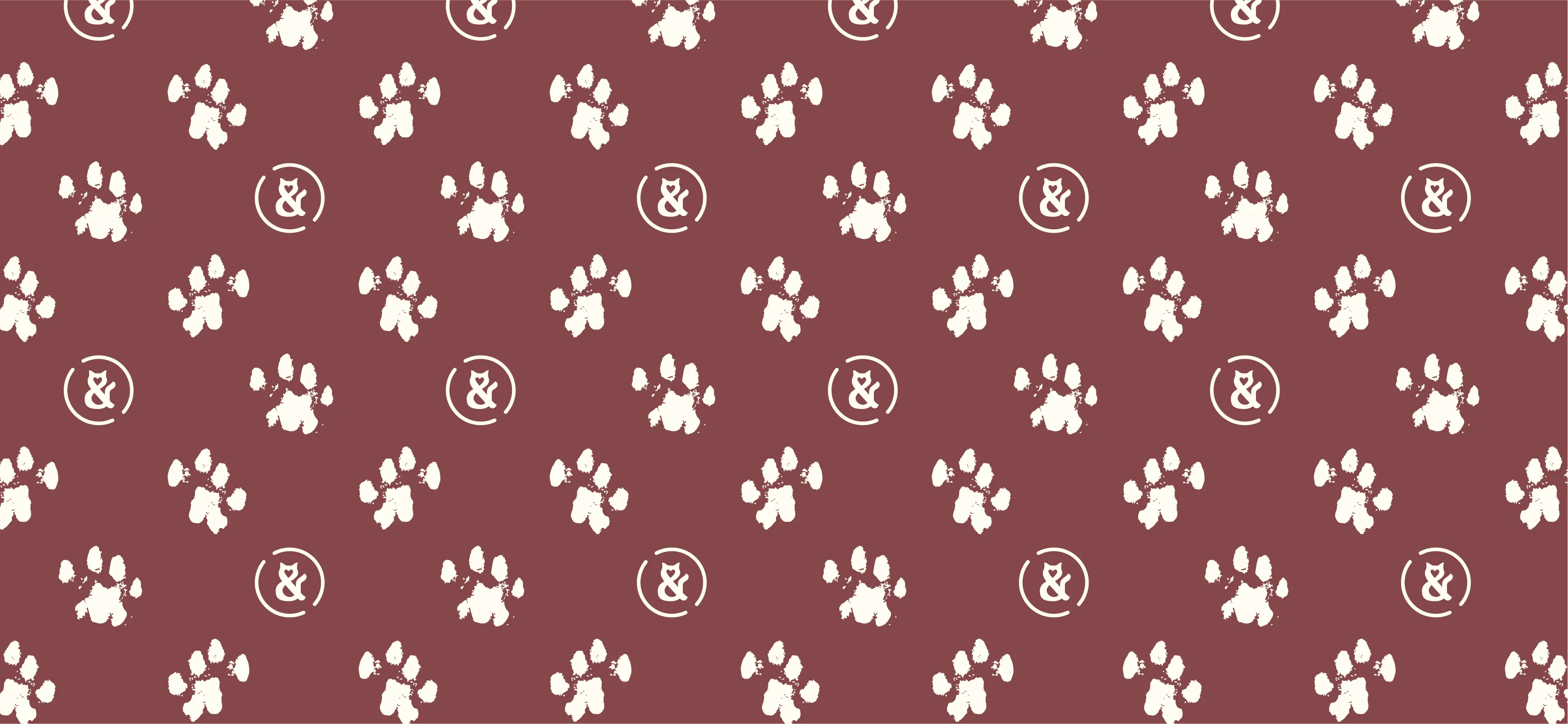A repeating brand pattern for Sip & Purr featuring white paw prints and cat-ear ampersand brand marks on a deep "Coffee" colored background.