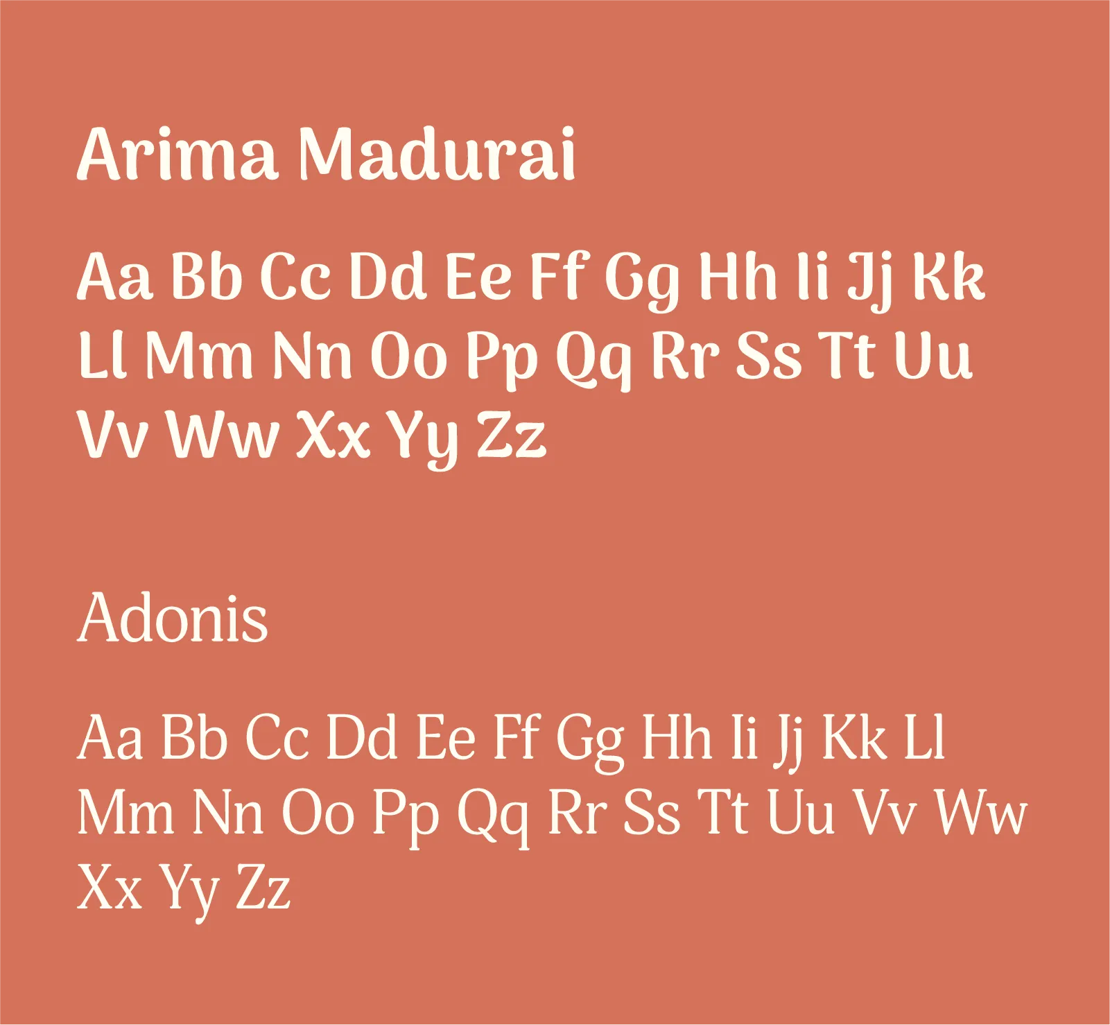 Typography display for the Sip & Purr brand identity featuring the Arima Madurai and Adonis font pairings.