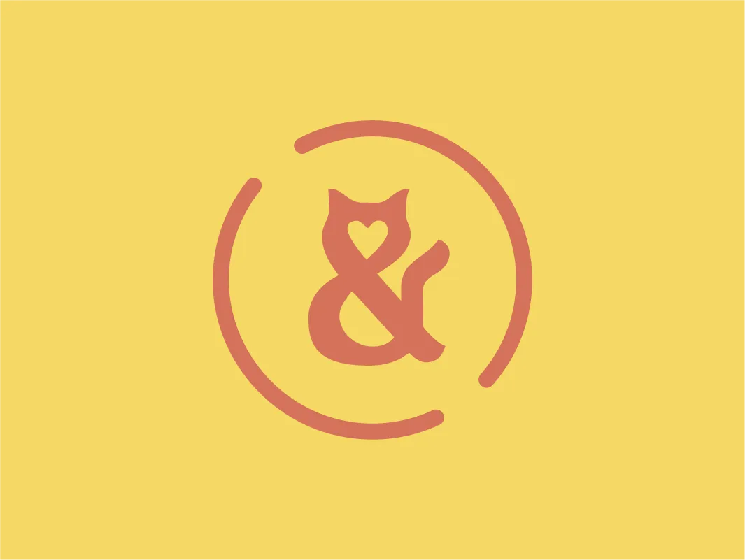 Minimalistic logo mark design featuring a stylized ampersand shaped like a cat with a heart cutout in its face, inside an incomplete circular border on a yellow background.