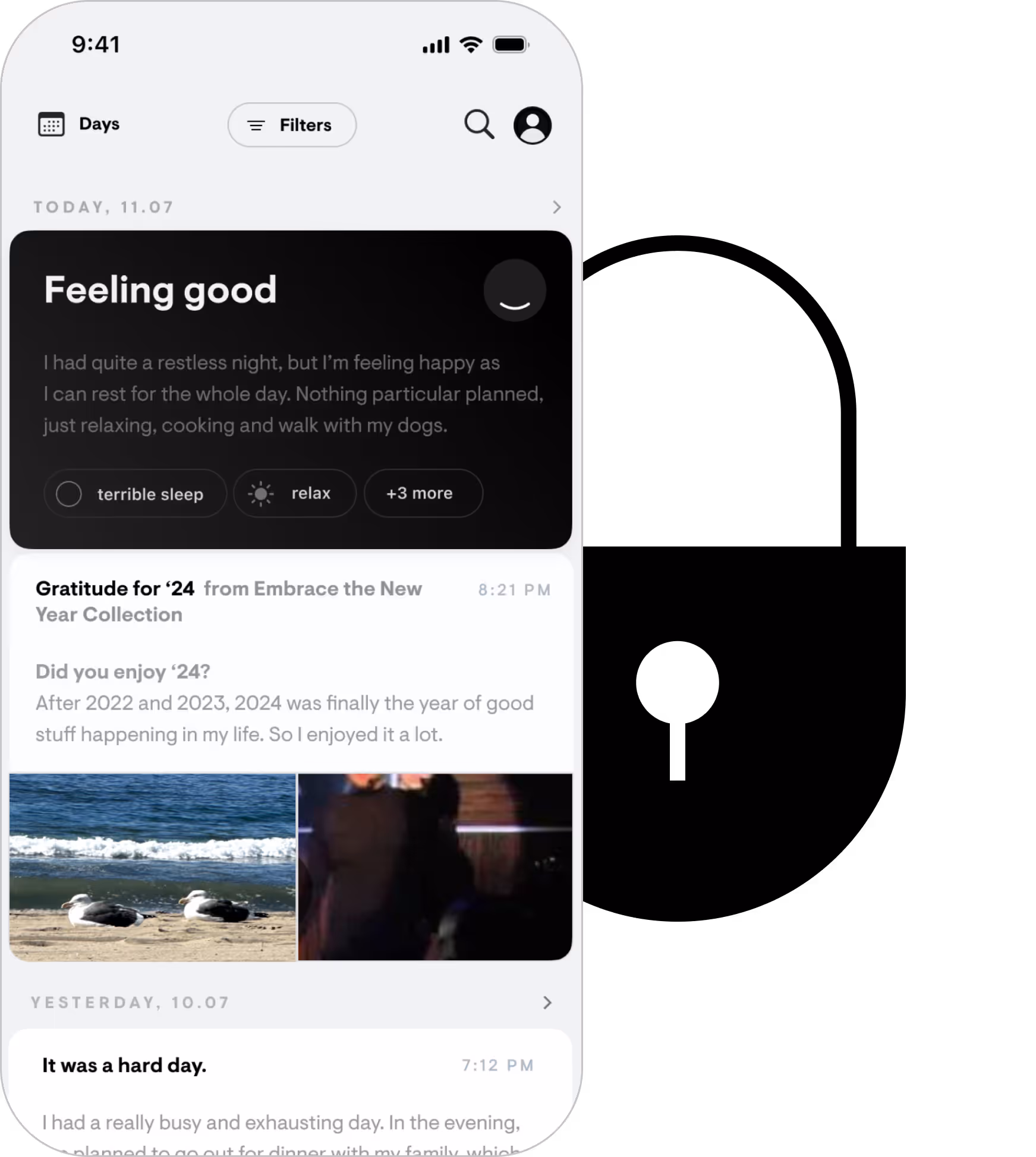 Illustration of stoic app and lock highlighting that everything you write in stoic is private and locked on your devices.