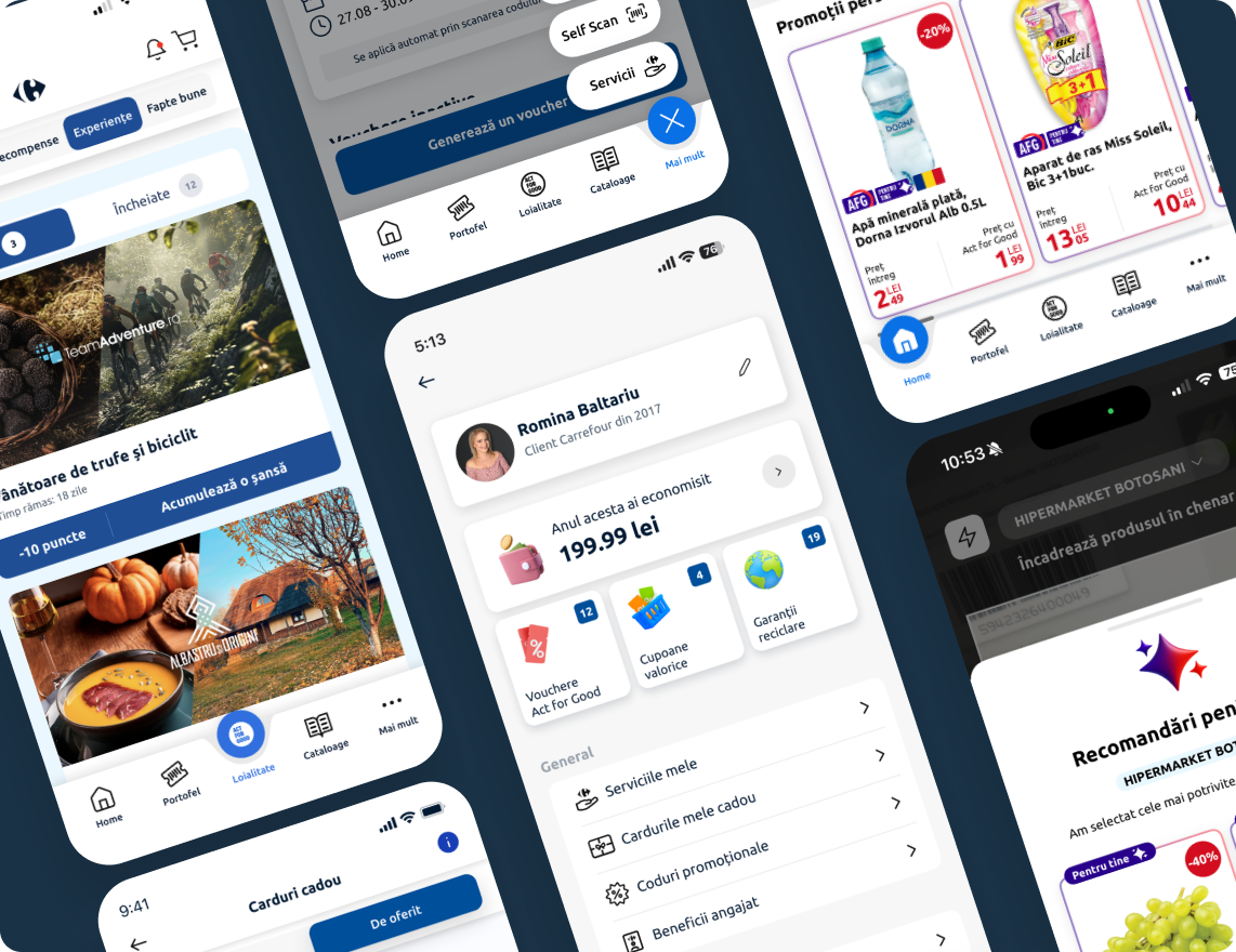 Multiple smartphone screens showing the Carrefour app interface with loyalty rewards, personalized promotions, digital vouchers, self-scan shopping, and user account dashboard.