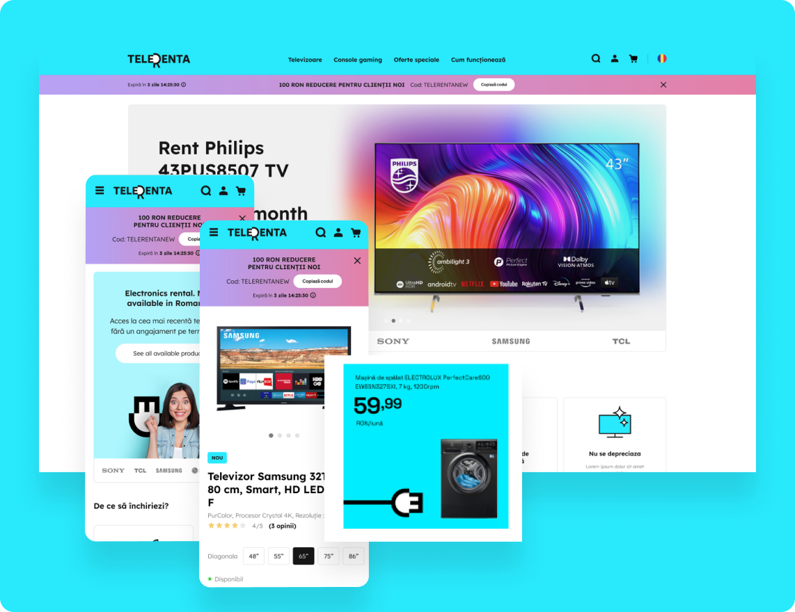 Telerenta screens displaying promotional offers, user account dashboard and product pages.