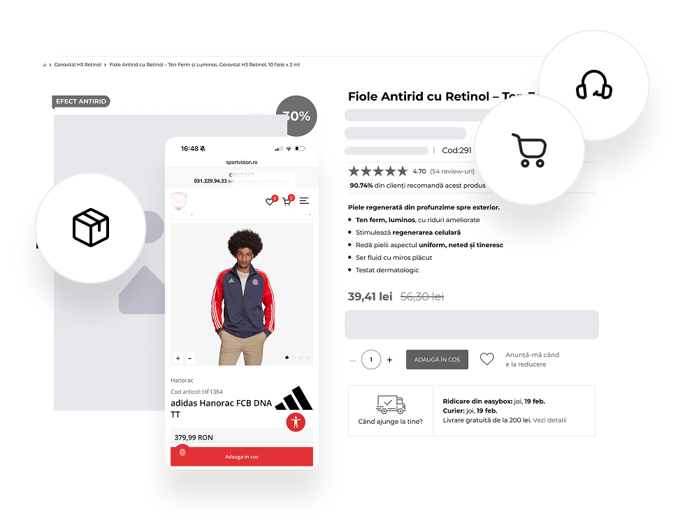 User-centered product detail interface combining immersive product visuals, structured information hierarchy, transparent pricing, variant selection, and social proof elements, while addressing potential pain points such as insufficient product information, hidden costs, unclear availability, and weak call-to-action visibility.