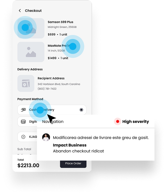 User-friendly ecommerce checkout screen featuring order summary, address form, payment options, and secure place order button, emphasizing key interaction points while addressing common checkout pain points such as form friction, unclear pricing, limited payment flexibility, and trust concerns.
