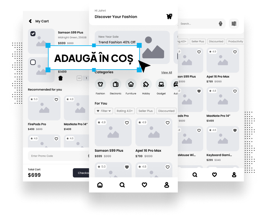 Mobile ecommerce interface focused on product selection, add-to-cart interaction, cart review, and streamlined checkout flow, highlighting key touchpoints and addressing friction points in the mobile purchasing journey.