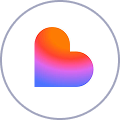 Gradient heart-shaped logo with colors transitioning from orange to pink, purple, and blue inside a circular white background.