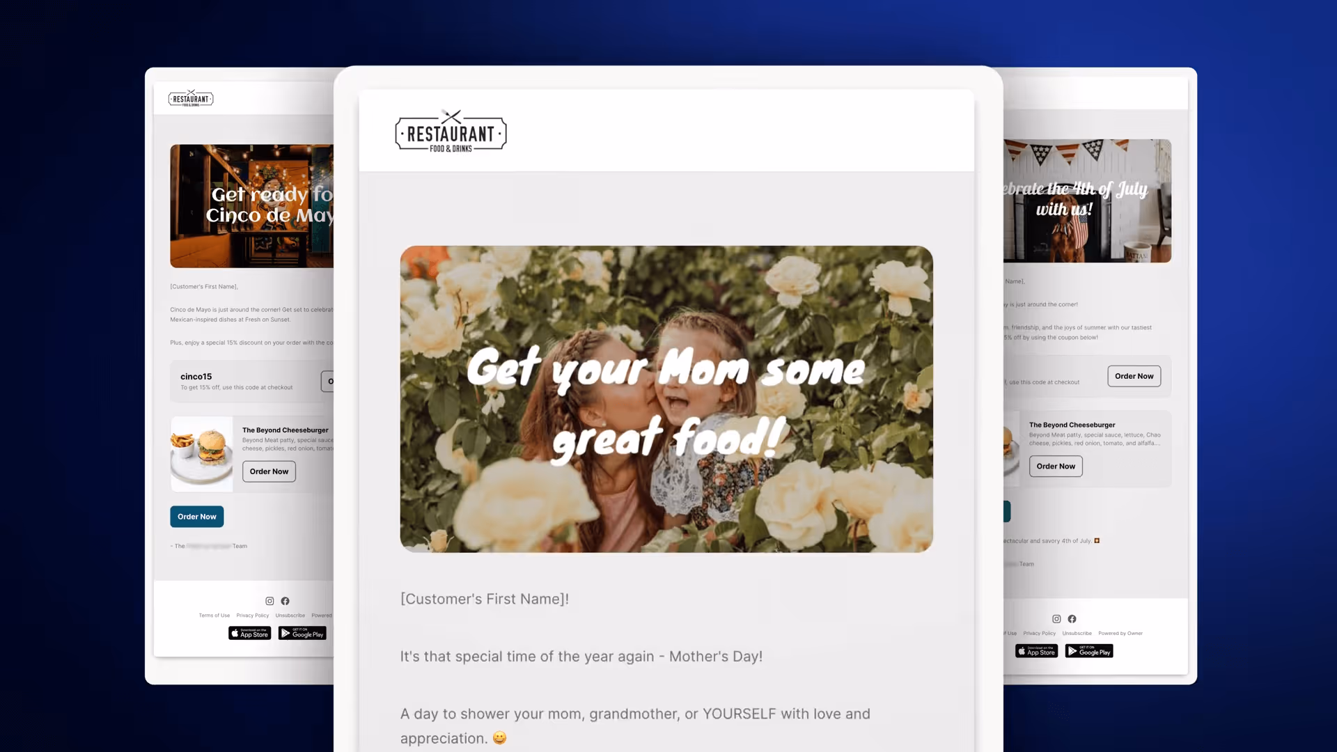 Restaurant email template showing a Mother’s Day promotion with a photo of a woman kissing a child surrounded by yellow roses and text 'Get your Mom some great food!'