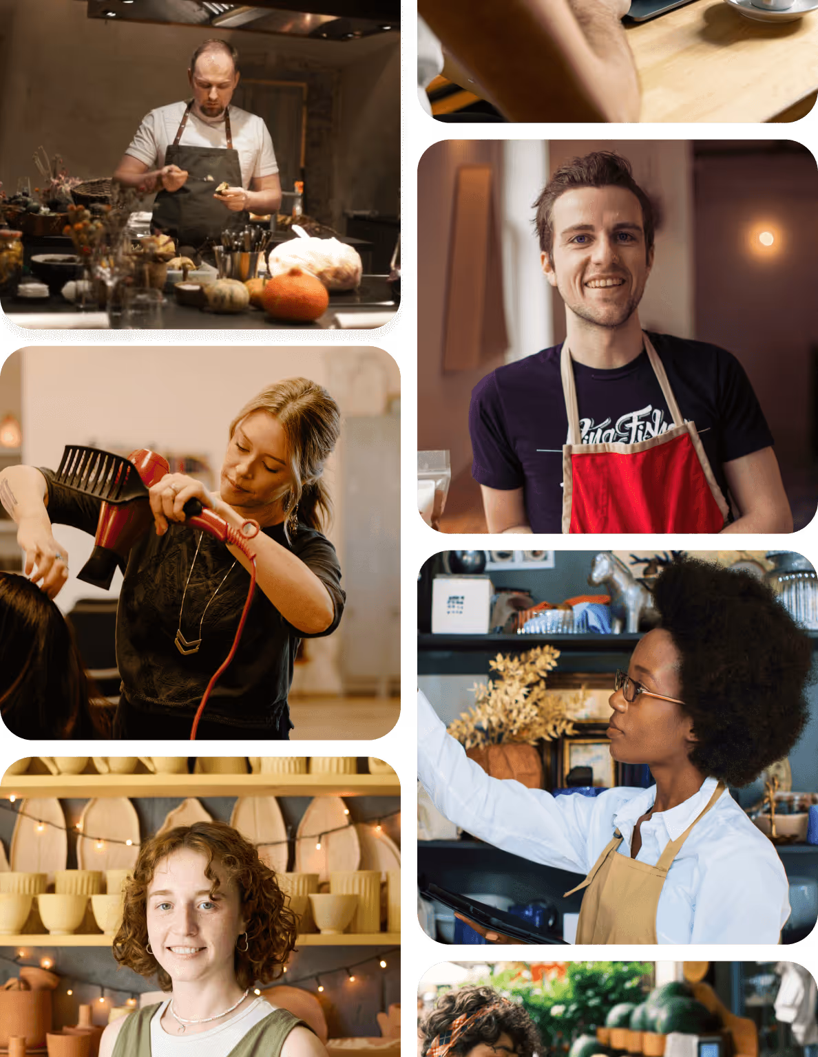 Collage of diverse professionals including a chef preparing food, a hairdresser styling hair with a blow dryer, a smiling man wearing a red apron, a woman in glasses selecting items in a shop, a woman posing with pottery displayed behind her, and another person arranging produce in a market.