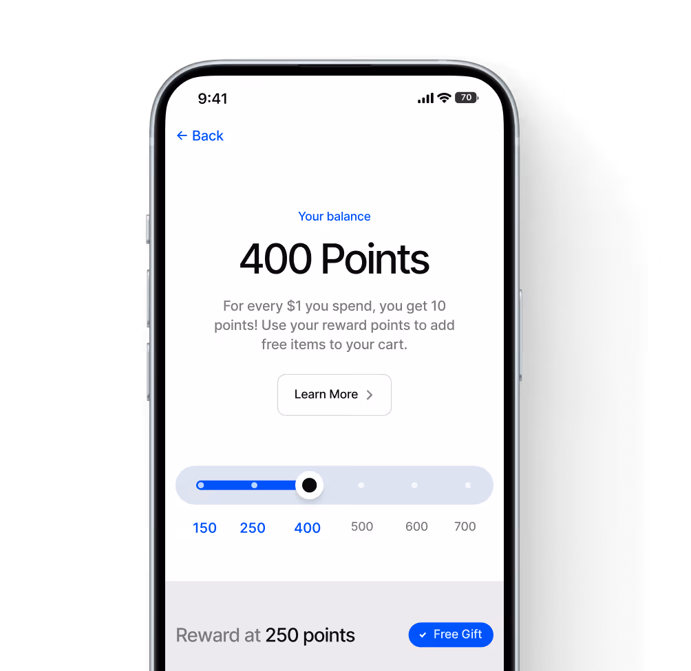 Smartphone screen showing loyalty points balance of 400 points with a progress slider and a note on earning 10 points per dollar spent.