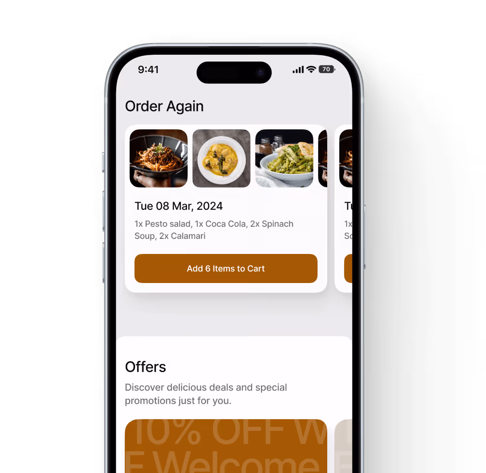 Mobile app screen showing an 'Order Again' section with images and details of past food orders, including pesto salad, Coca Cola, spinach soup, and calamari, plus a button to add 6 items to cart.