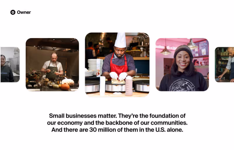 Collage of diverse small business owners and workers, including chefs cooking in professional kitchens and smiling employees, with text highlighting the importance of small businesses to the U.S. economy and communities.