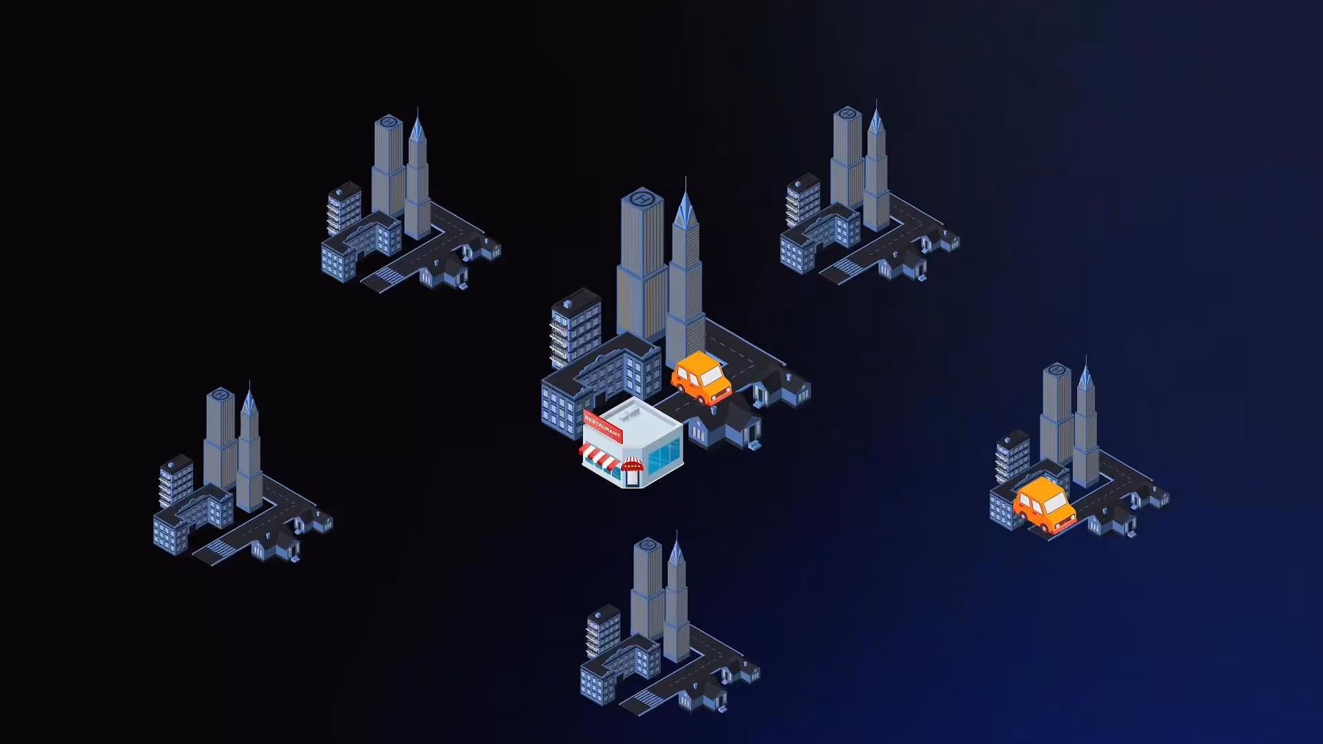 Isometric city blocks with tall buildings, roads, an orange car, and a restaurant on a dark gradient background.