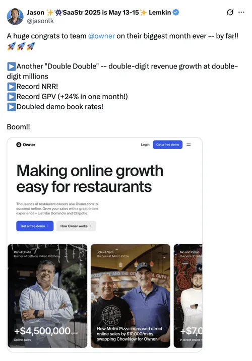 Screenshot of a tweet congratulating team Owner for record-breaking revenue and growth, showing website highlights of Owner.com helping restaurants increase online sales with testimonials and demo options.