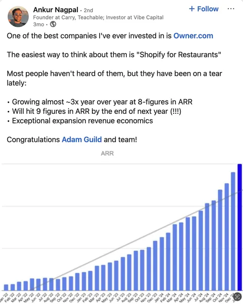 LinkedIn post by Ankur Nagpal praising Owner.com for rapid ARR growth, featuring a bar graph showing steady increase from January 2022 to December 2024.