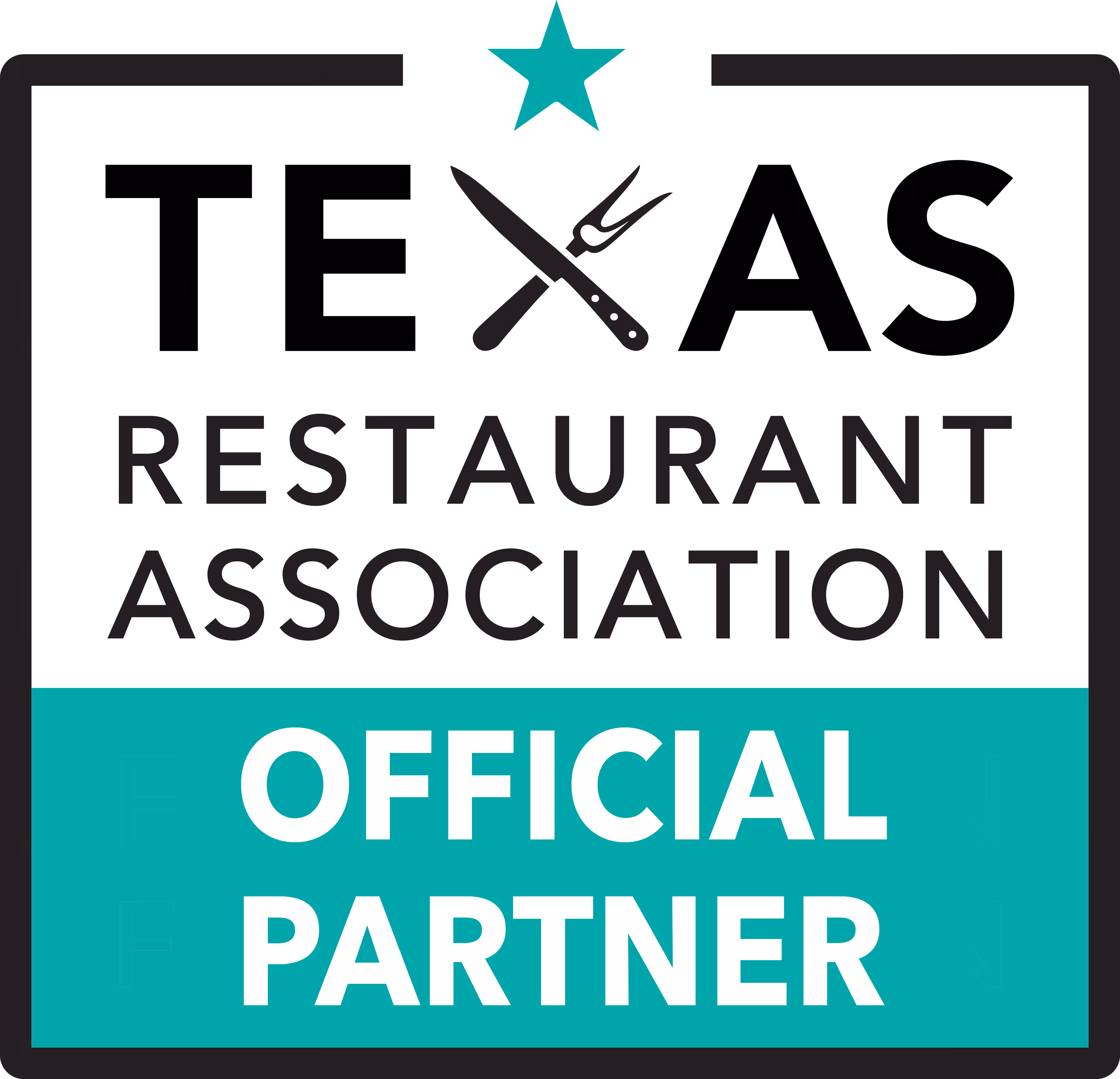 Logo of Texas Restaurant Association with a knife and fork forming an 'X' and a star above, labeled official partner.