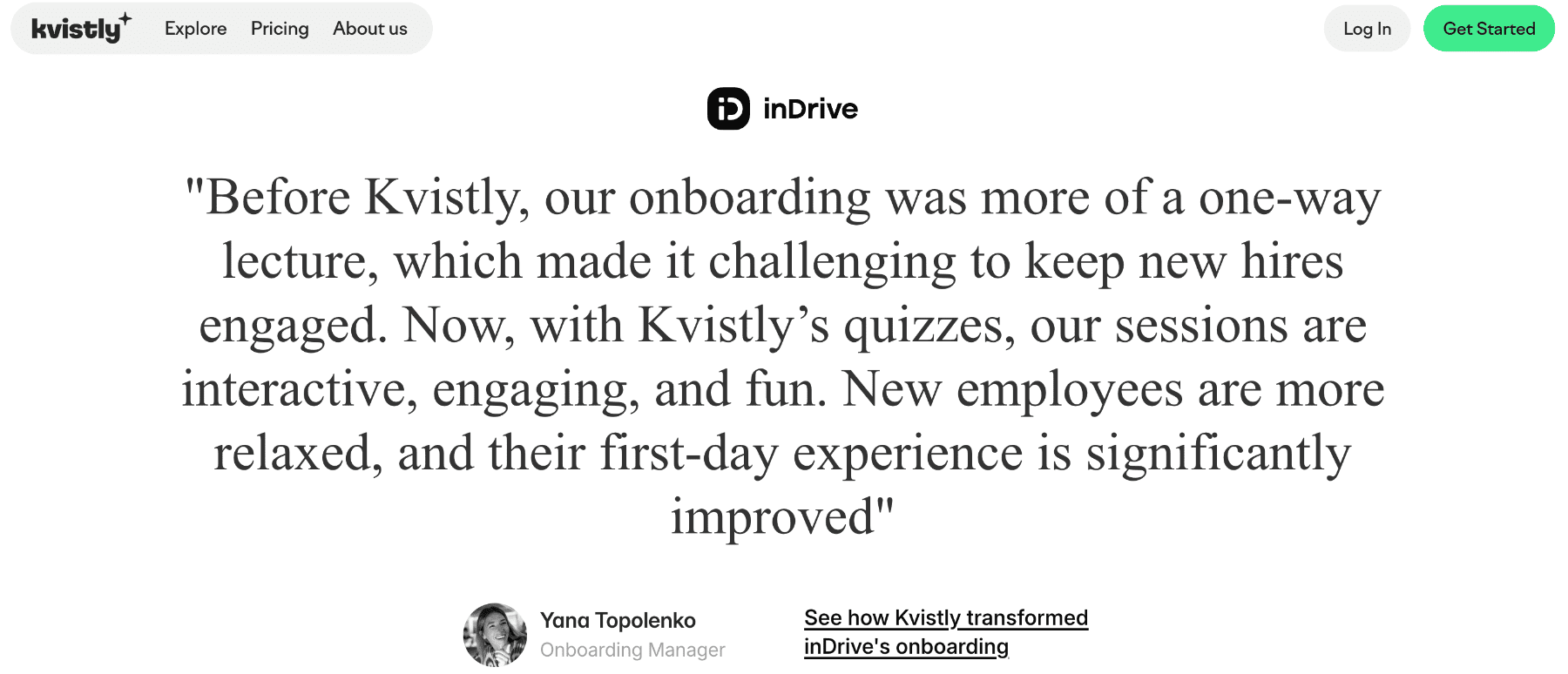 User testimonial saying Kvistly made InDrive's onboarding more engaging interactive, and fun.