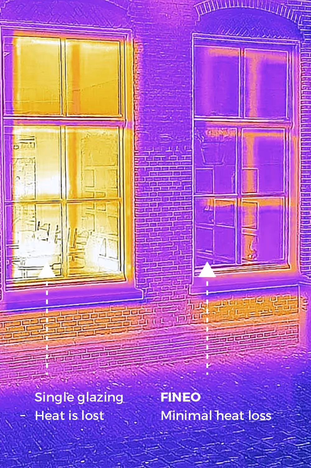 Thermal image of two windows showing heat loss in single glazing and minimal loss in Fineo glazing.