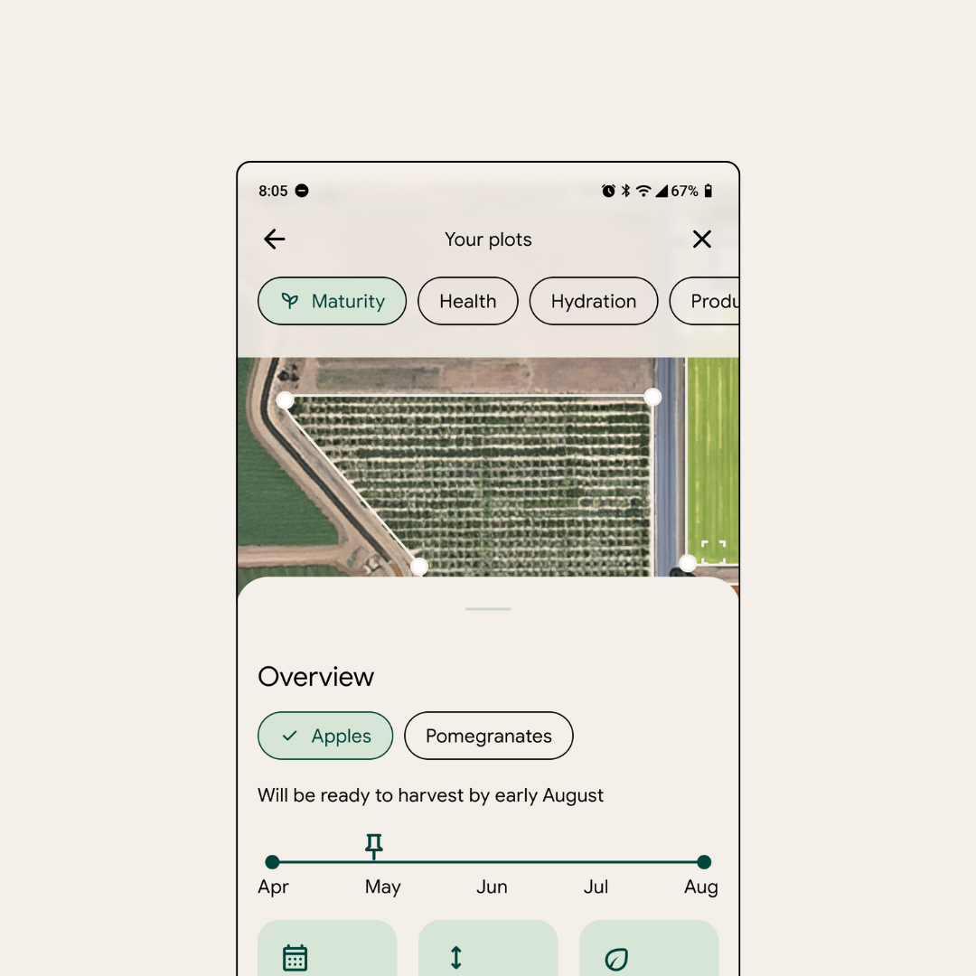 Mobile app displaying an overhead satellite view of a vineyard with a timeline showing apples will be ready to harvest by early August.