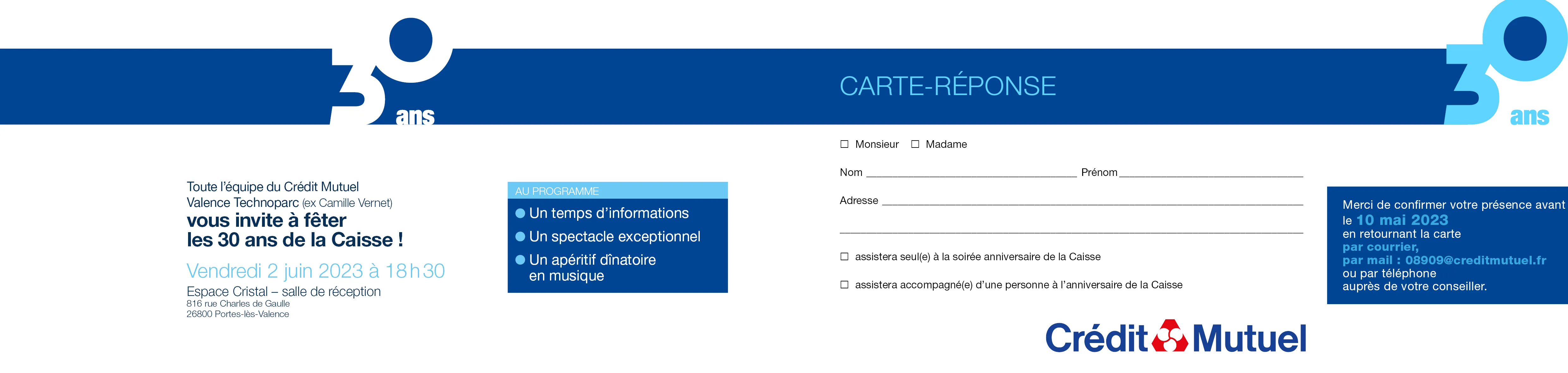 Variante d’invitation d’anniversaire conçue pour le Crédit Mutuel