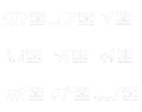 Planche des 10 logos animaux du Parc des Cellettes, dans un style géométrique inspiré de l’origami
