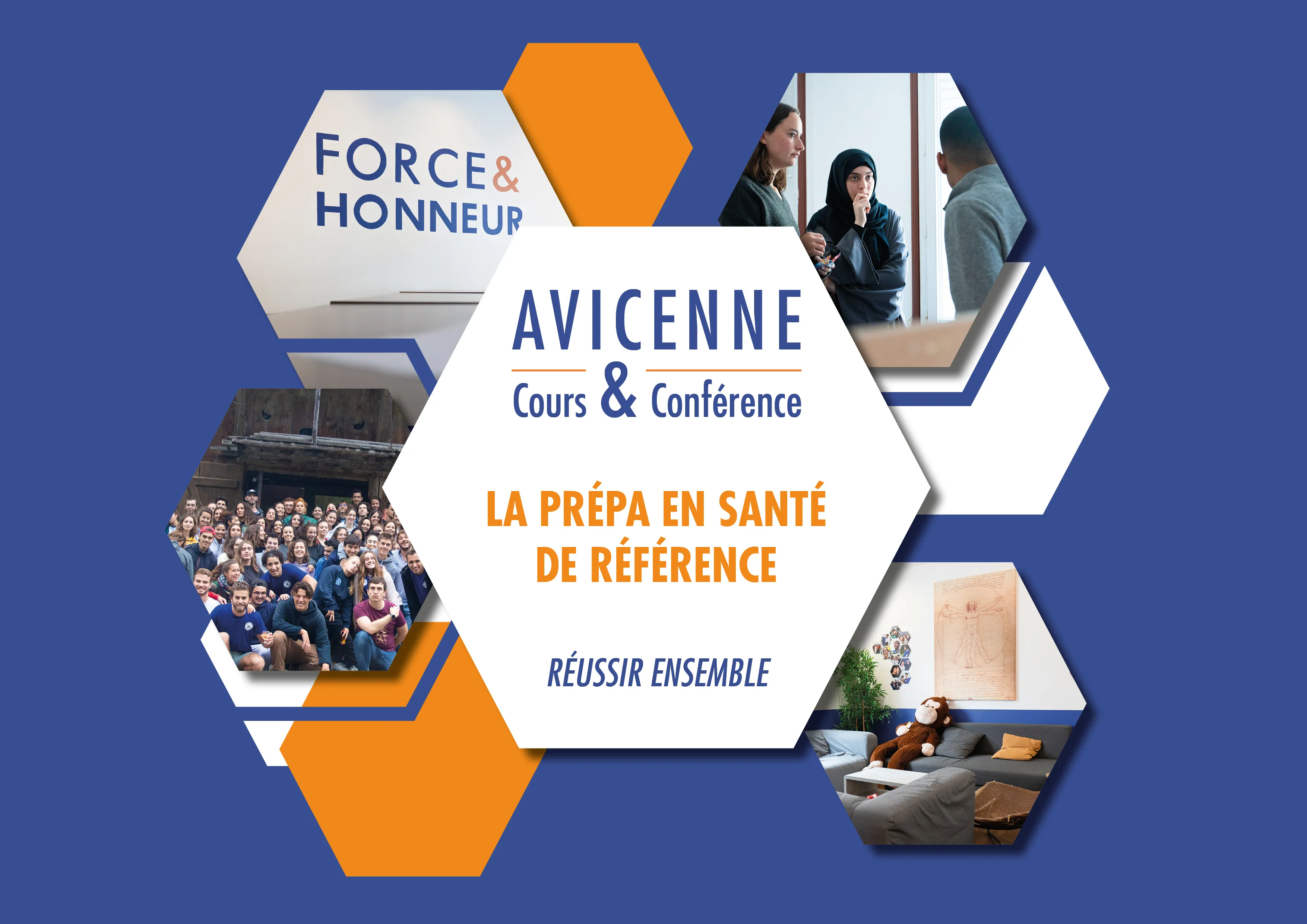 Couverture de la plaquette Avicenne, photos découpées en hexagones bleus, orange et blancs
