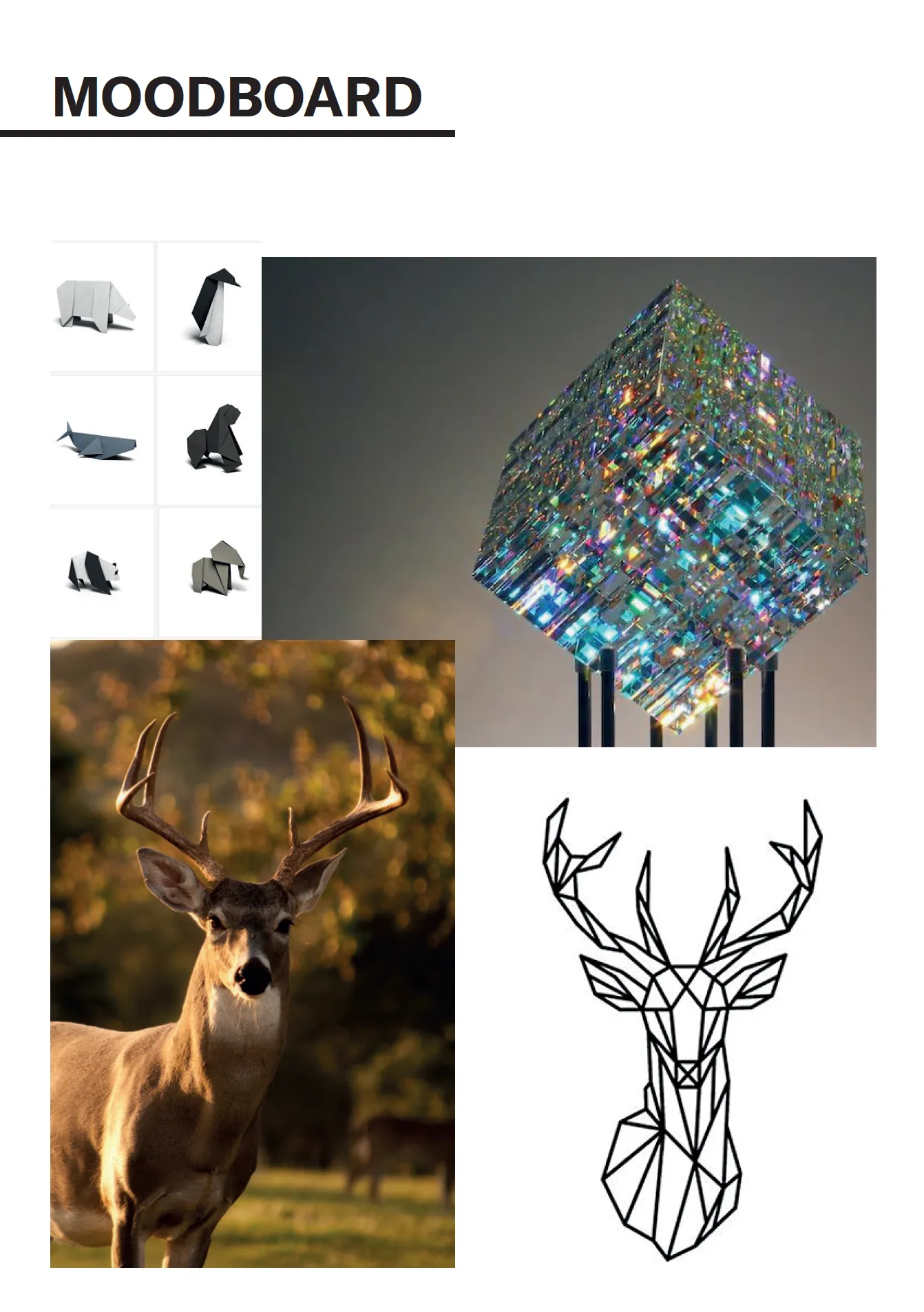 Moodboard du projet Parc des Cellettes : origami, verre et animaux