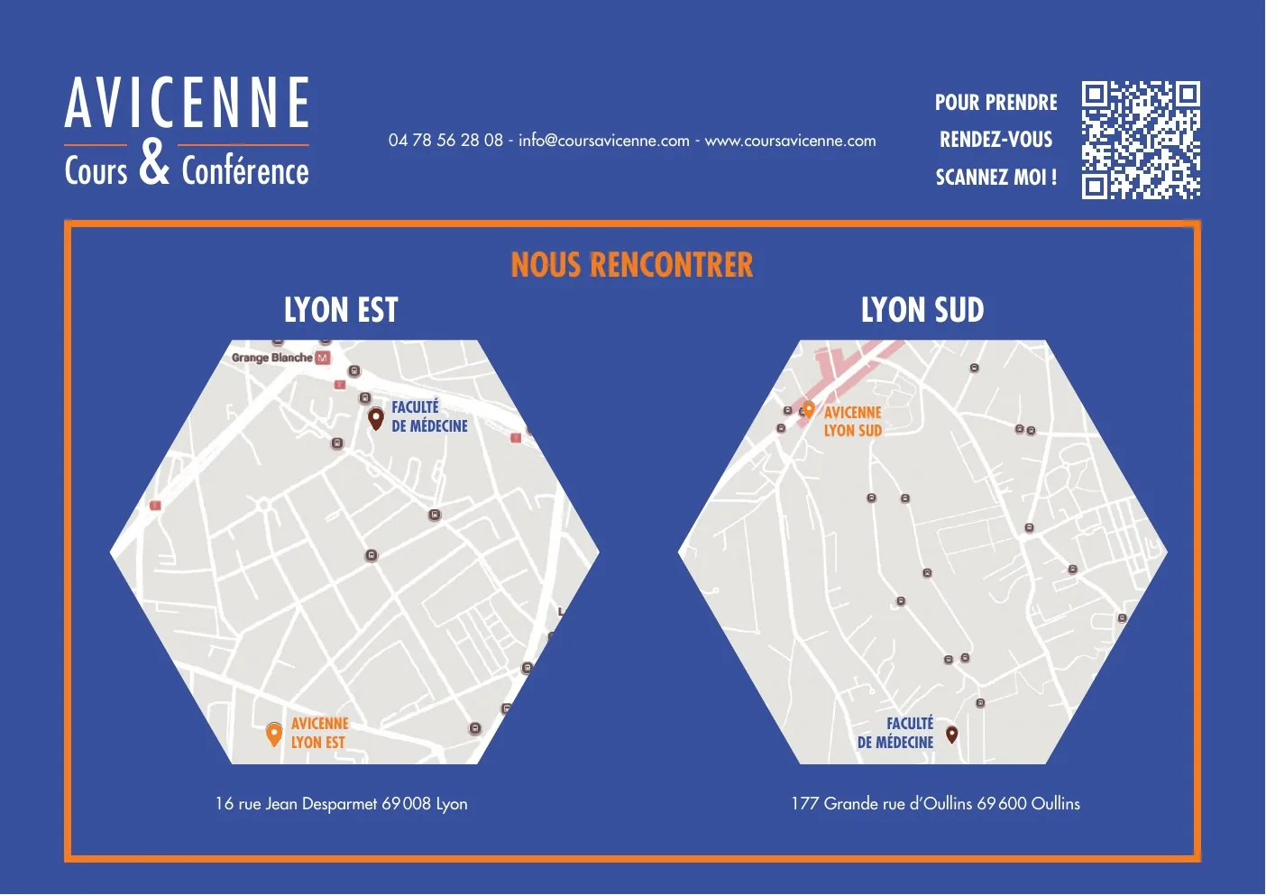 Quatrième de couverture « Nous rencontrer » : plans de Lyon Est et Lyon Sud découpés en hexagones