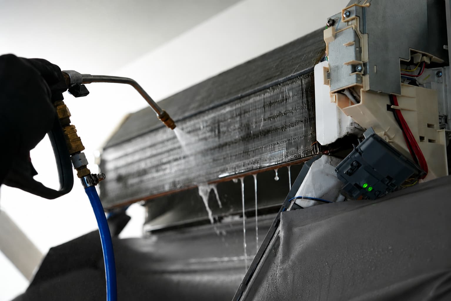 Close up of a split system air conditioner filter being cleaned by Oz Air Group