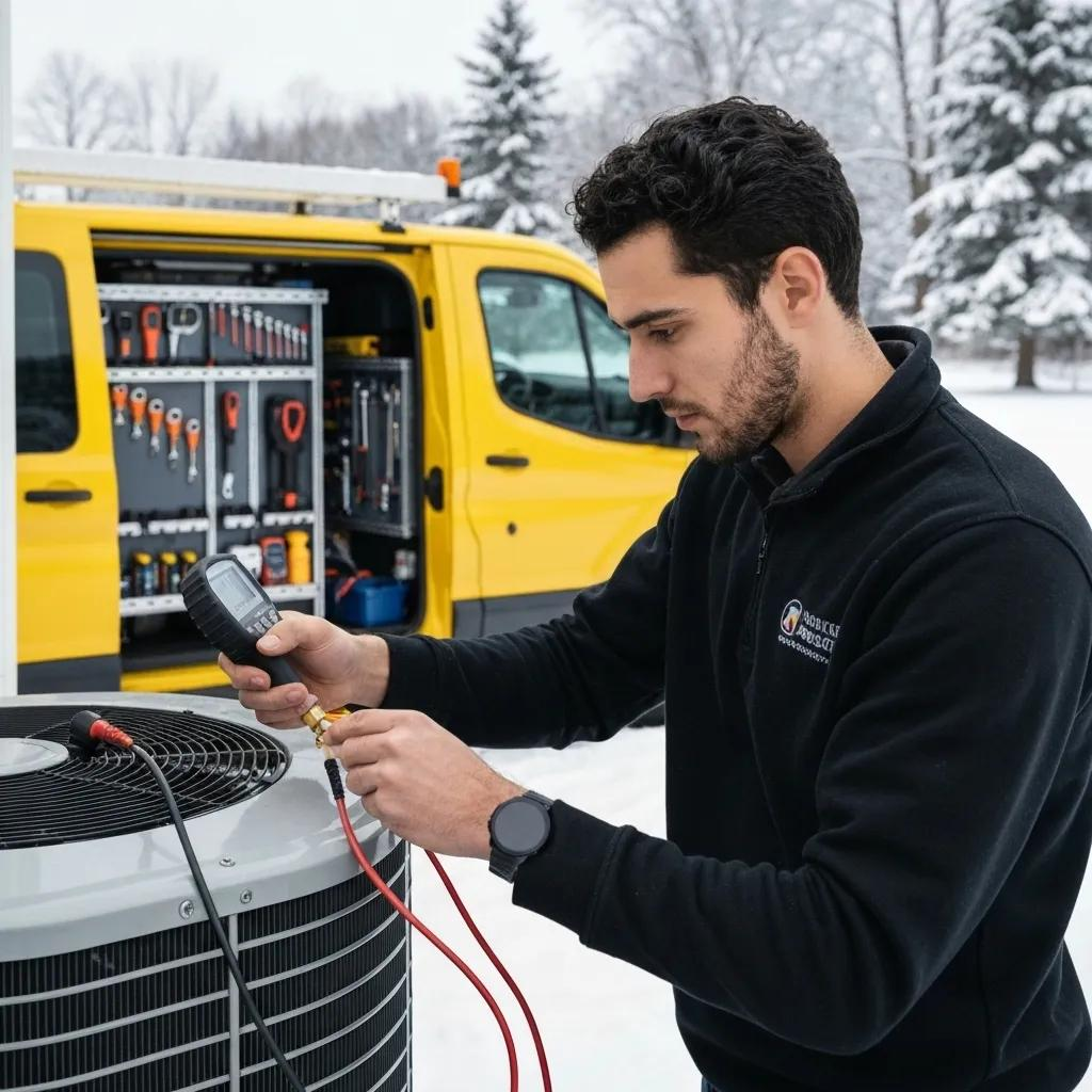 Technician performing professional winterization on air conditioning unit