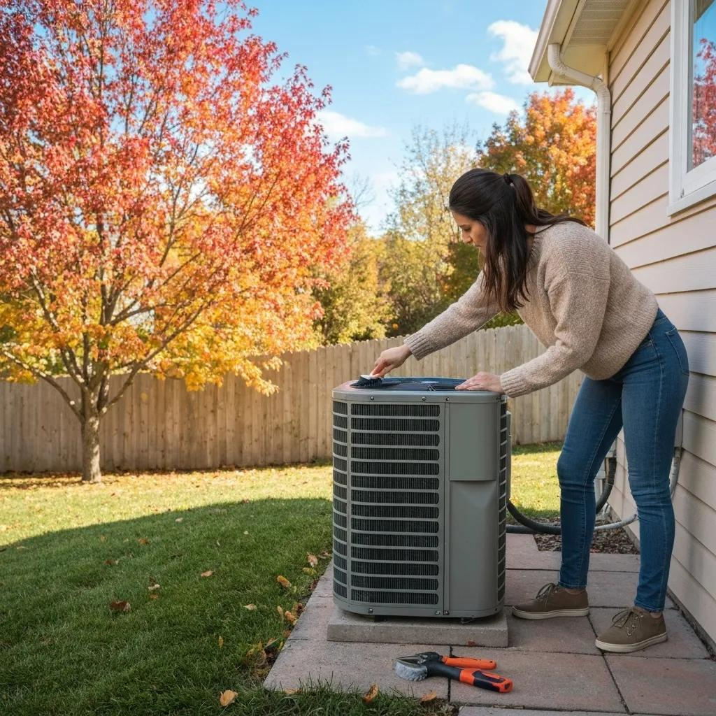 Homeowner cleaning air conditioning unit for winter preparation