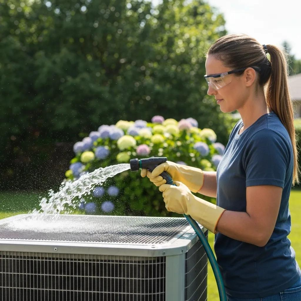 Person cleaning outdoor AC unit and condenser coils, highlighting summer maintenance importance