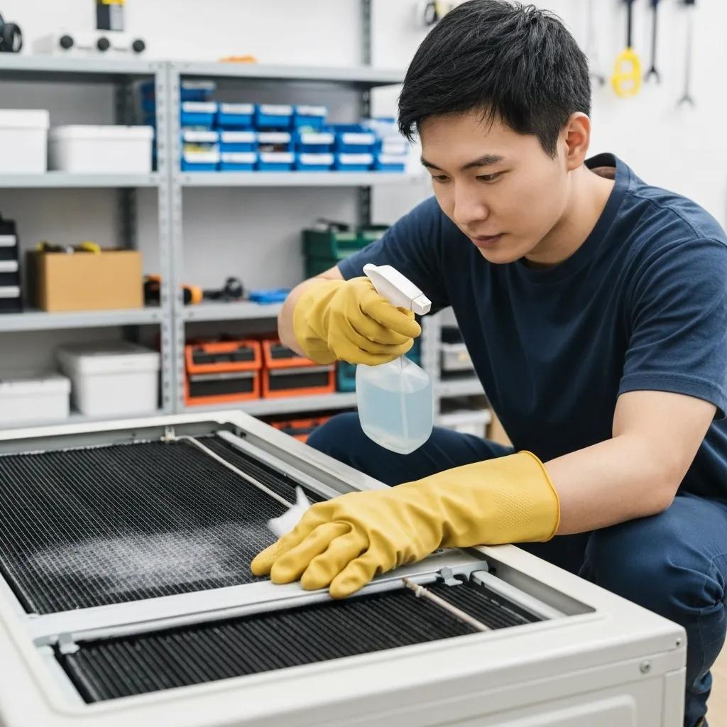 Person cleaning an air conditioning unit, focusing on evaporator coils and condensate drain line