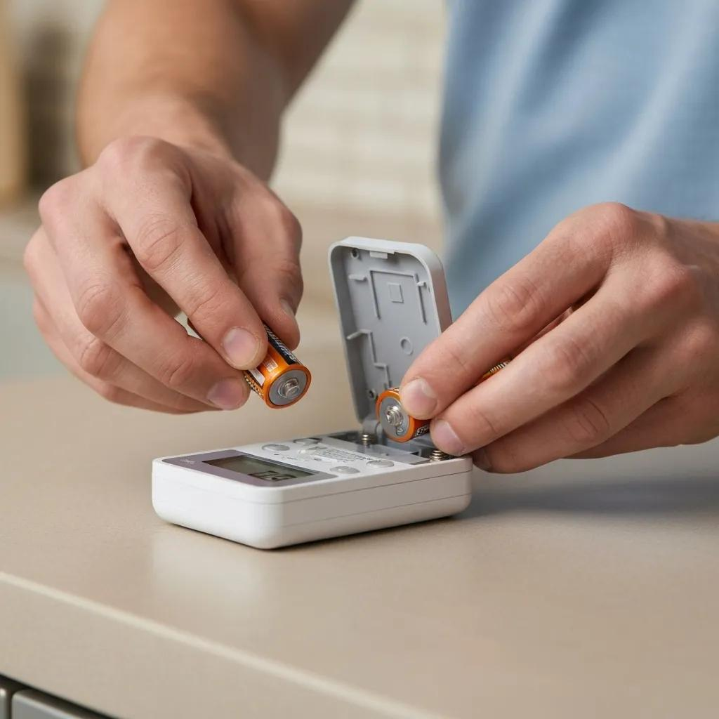 Close-up of a person replacing batteries in a digital thermostat