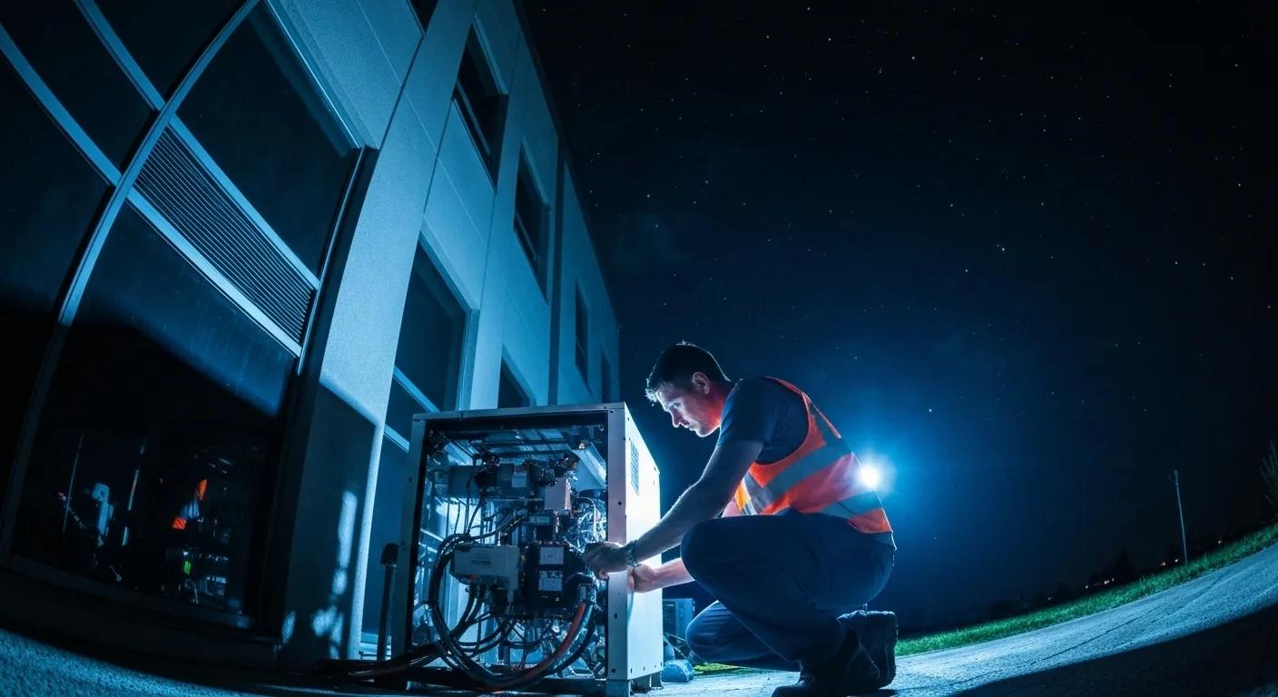 Technician responding to an emergency air conditioning repair at night
