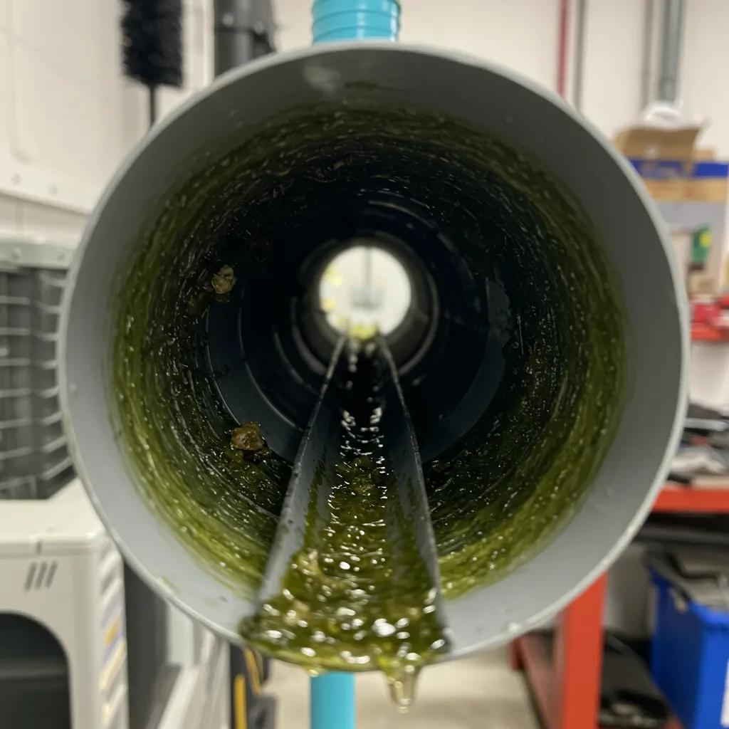 Close-up of a clogged AC drain line with debris, illustrating the cause of water leaks in air conditioning systems