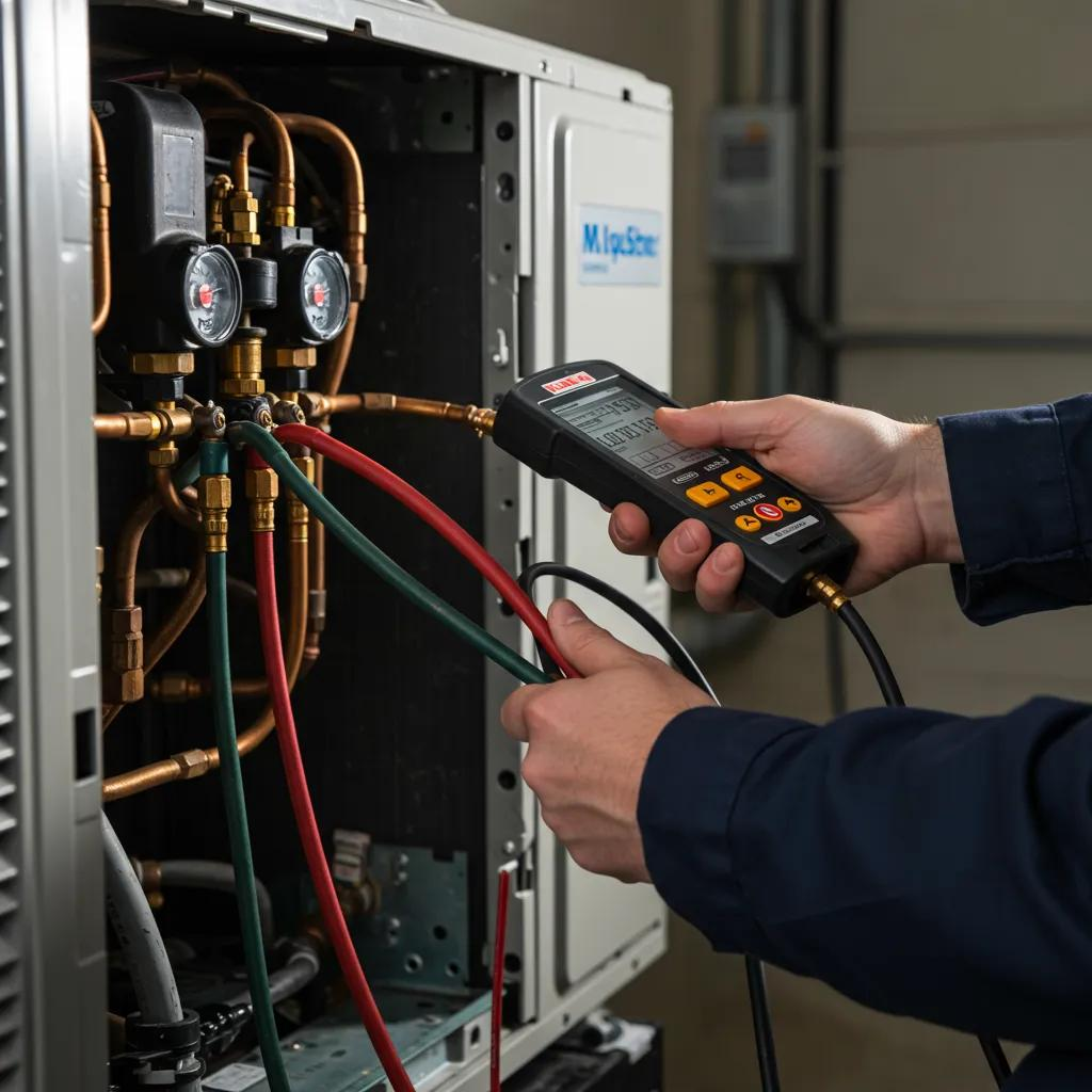 Technician using an electronic leak detector on refrigerant lines, showcasing professional repair methods for AC leaks