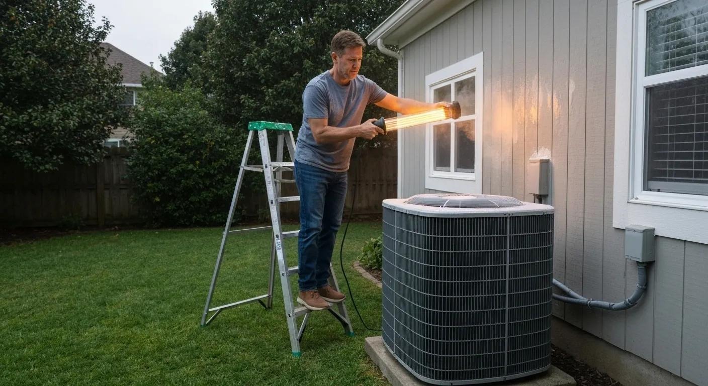 Homeowner safely defrosting an air conditioner unit using a space heater