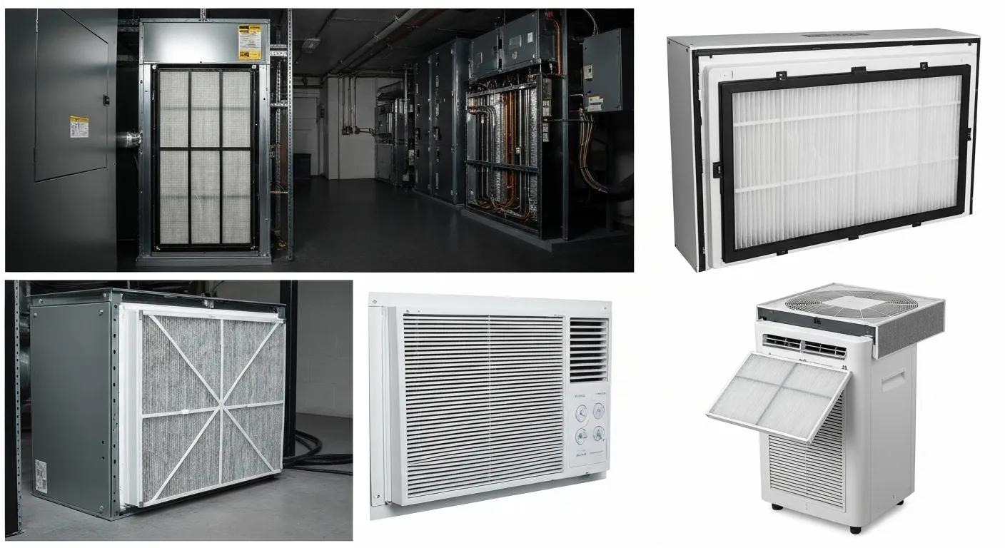 Different locations of air conditioner filters in central HVAC, window, and portable AC units