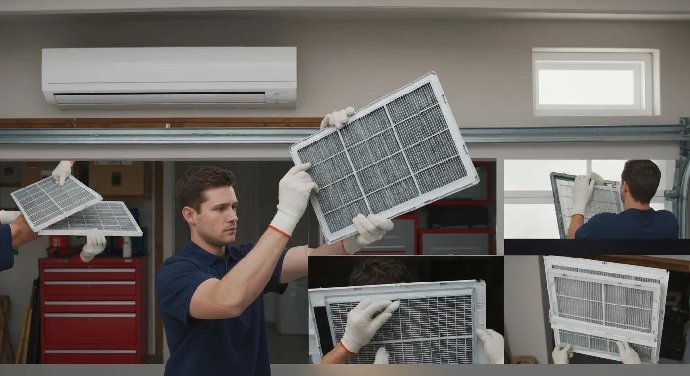 Step-by-step process of changing an air conditioning filter, highlighting safety and proper technique