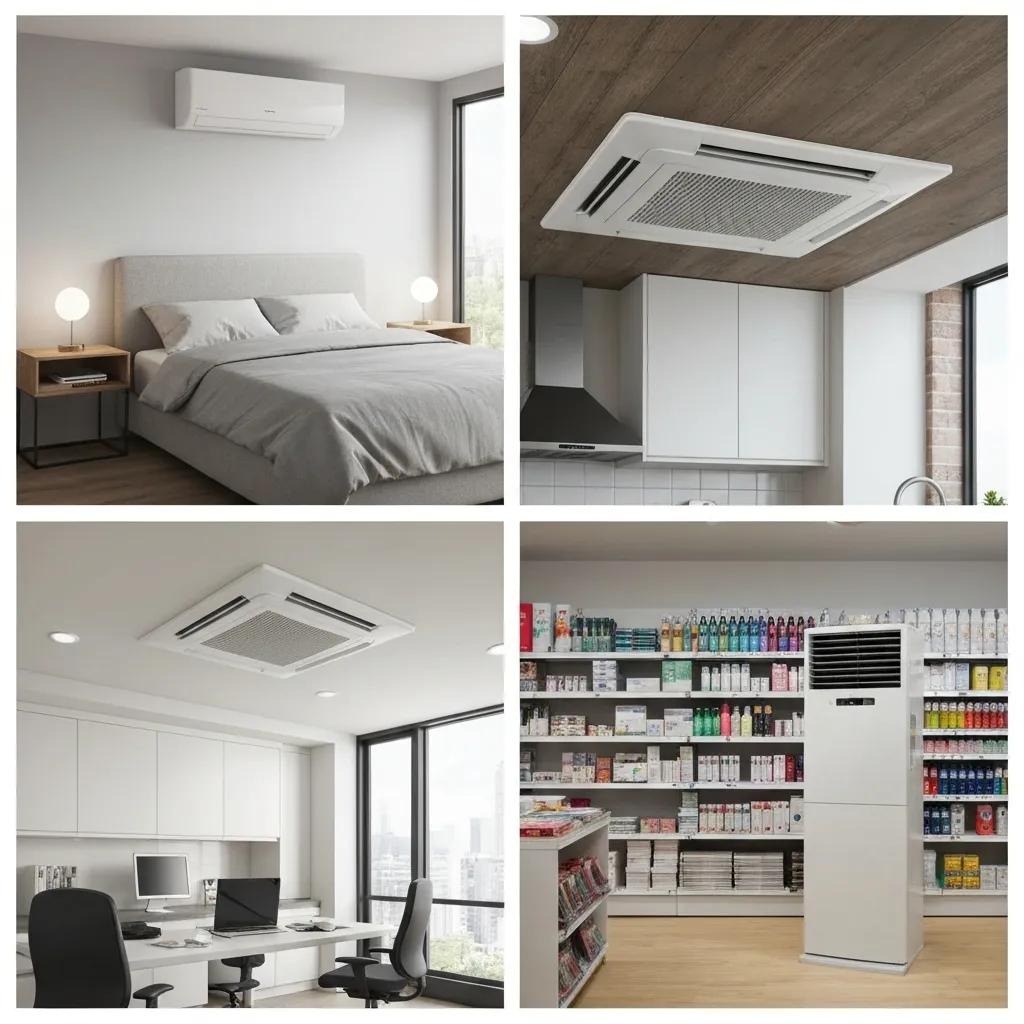 Collage of various indoor air conditioning unit types, showcasing wall-mounted, ducted, ceiling cassette, and floor-standing models