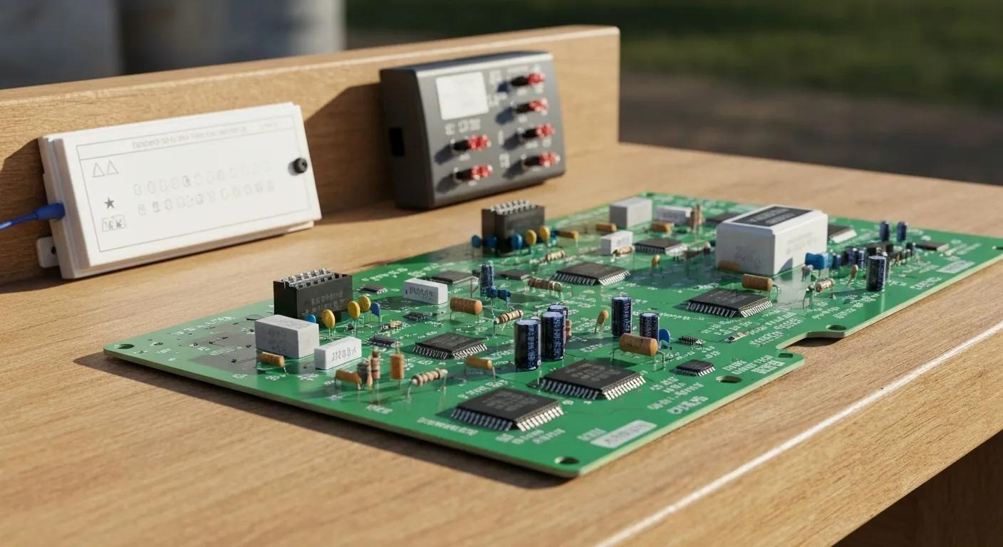Components of an air conditioning PCB displayed on a workbench, showcasing their functions