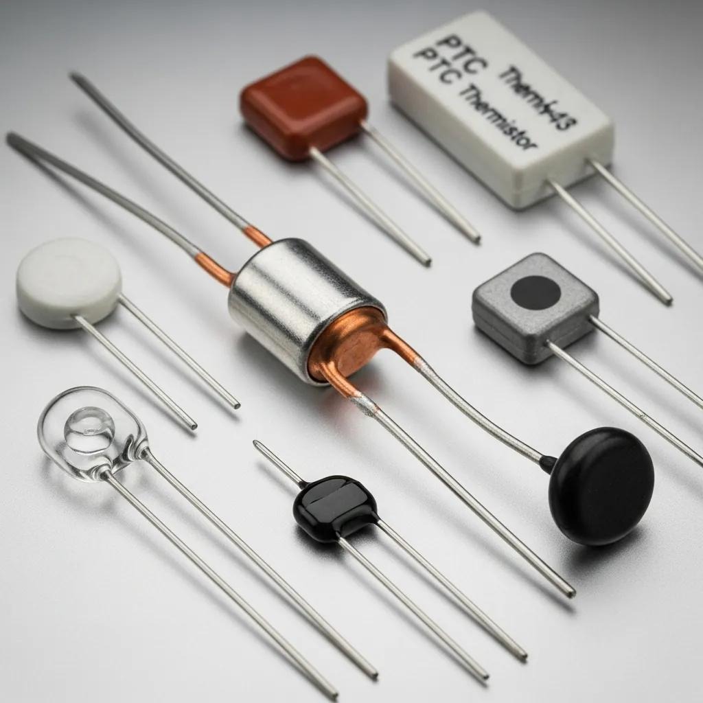 Various thermistor types — bead, copper-tube, and encapsulated assemblies — used in air conditioning systems