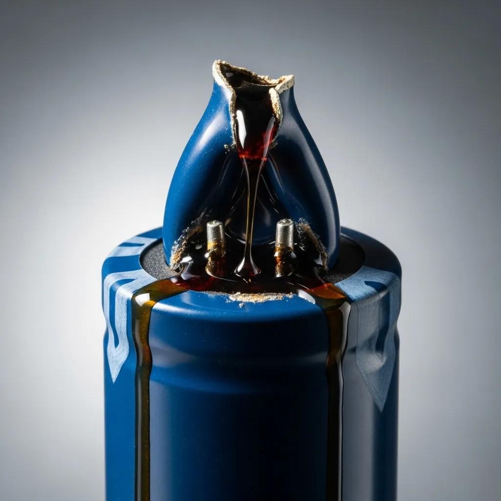 Close-up of a failed AC capacitor showing bulging and leakage common failure signs