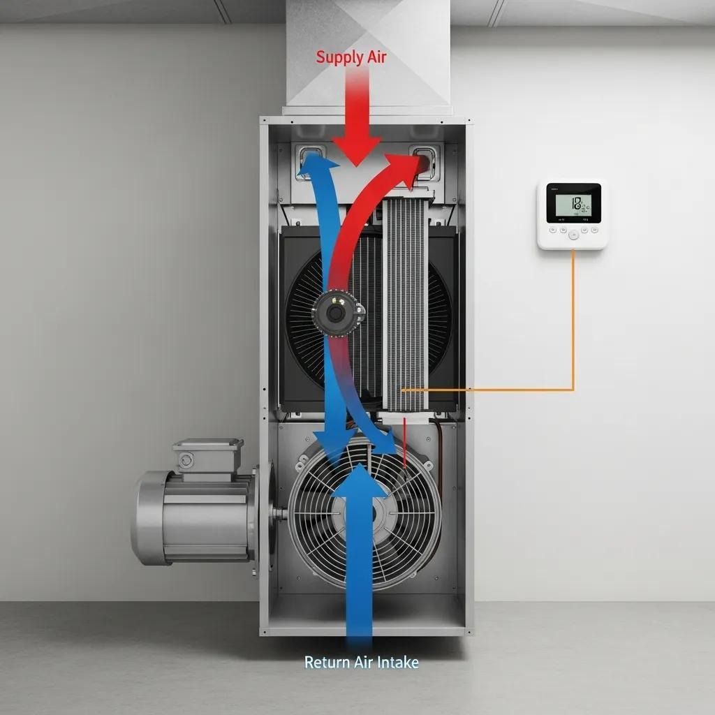 Diagram showing how a blower motor connects with the fan, air handler, and thermostat