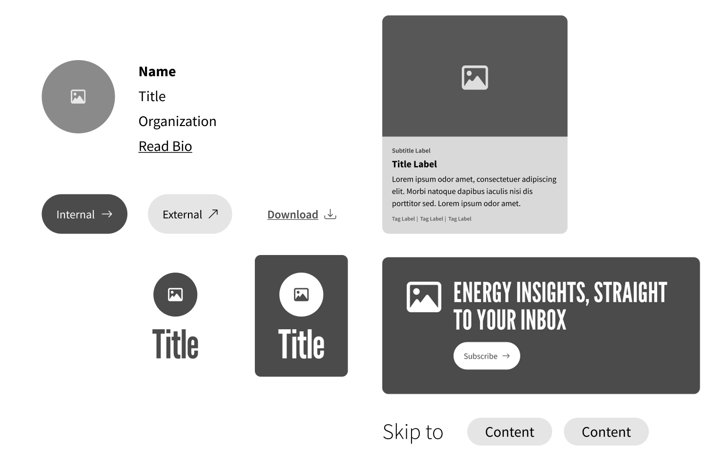 Snippets examples include buttons, cards, tiles, and profile cards