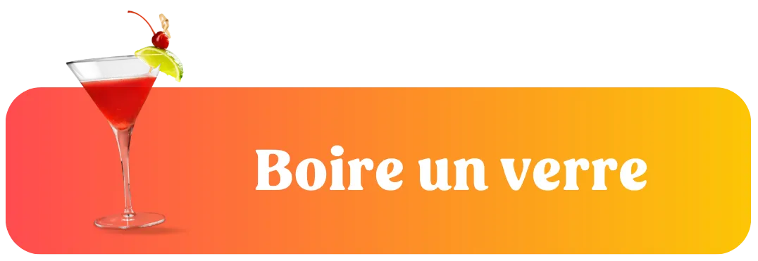 Bannière dégradée orange avec un cocktail garni d’une cerise et d’un citron vert, accompagnée du texte “Boire un verre”.