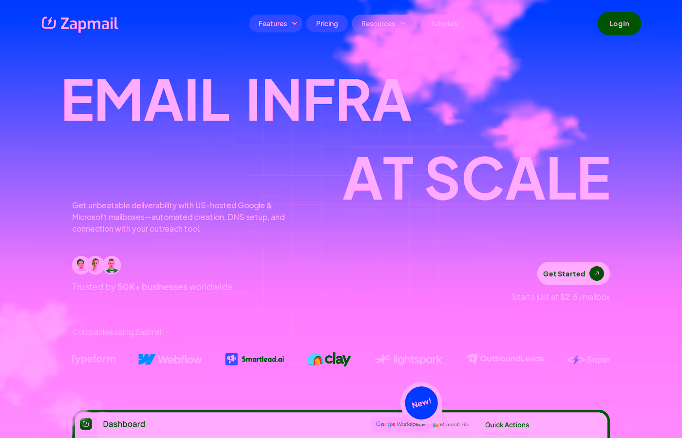 Zapmail homepage showing 'Email Infra At Scale' headline and US-hosted Google and Microsoft mailbox positioning